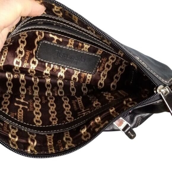 Tignanello Shoulder Hobo Bag Black Leather Chain Print Lining Adjustable Strap - Picture 12 of 13